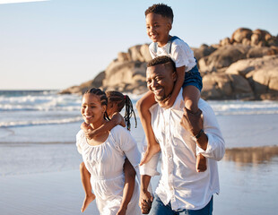 Poster - Shoulder carry, adventure and black family at beach for fun on tropical vacation, travel or getaway. Happy, walk and African children with parents play and bonding by ocean on holiday or weekend trip