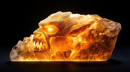 A demon visage carved into a massive crystal, with light refracting through its facets to create a mesmerizing effect