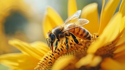 Wall Mural - Honey Bees Collecting Nectar from Vibrant Sunflowers in Close Up Detail