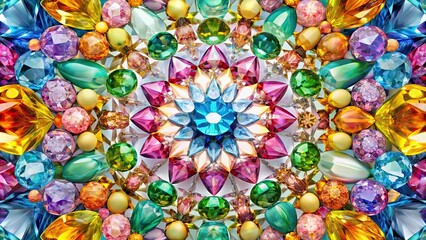 Beryl gemstones in a kaleidoscope of colors showcased against a pure white background in a highly stylized and intricately detailed macro shot.