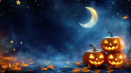 A whimsical Halloween background featuring happy jack-o'-lanterns, stars, and a crescent moon with space for text.