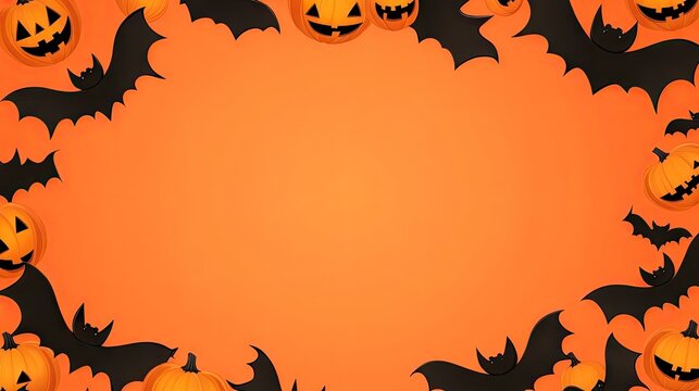 Cute cartoon bats and smiling pumpkins create a fun Halloween background with a clear area in the middle for copy space.