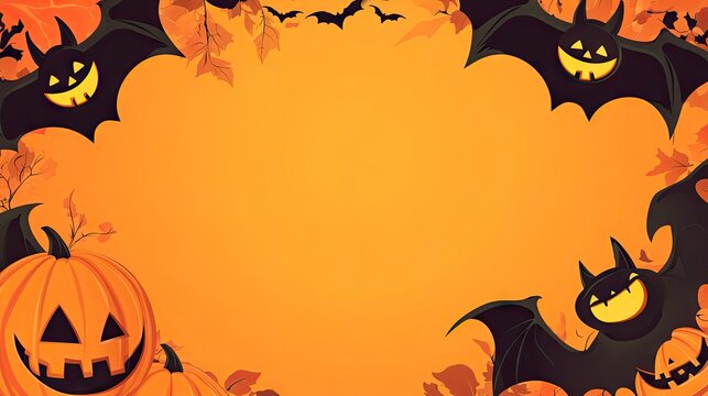 Cute cartoon bats and smiling pumpkins create a fun Halloween background with a clear area in the middle for copy space.