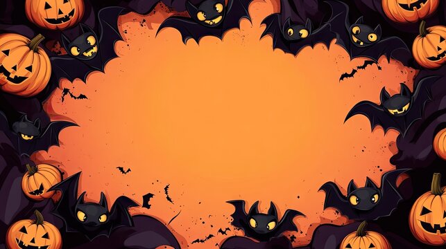 Cute cartoon bats and smiling pumpkins create a fun Halloween background with a clear area in the middle for copy space.