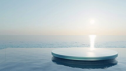 5. Modern glass podium set in the calm ocean waters, under a clear sky, capturing the essence of tranquility and natural beauty