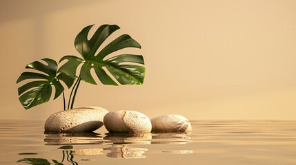 4. A detailed scene featuring smooth stones and a monstera leaf in calm water, set against a beige background, highlighting the natural textures and colors in a serene and elegant composition