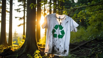 A dirty T-shirt featuring a recycling symbol hangs between trees in a forest during sunset, illuminated by warm sunlight.