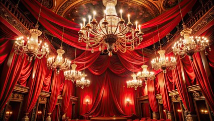 Ethereal Red Theatre Curtains Swirling Around Grandiose Chandeliers