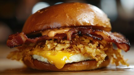 Sticker - A close-up of a bacon, egg, and cheese sandwich with chipotle mayo and a crispy hash brown, served on a toasted roll, showcasing the perfect breakfast or brunch delight.