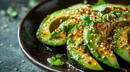 Wall Mural - A close-up of a freshly prepared avocado salad, topped with chili flakes and sesame seeds, served in a rustic setting, ideal for health and wellness themes.