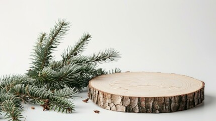 Fototapete - A wood slice podium rests on a light background, complemented by fresh green spruce branches, ideal for seasonal displays or rustic decor