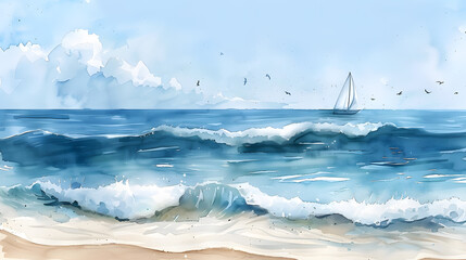 Poster - A serene watercolor of a calm ocean with a sailboat on the horizon, seagulls flying above, and the gentle waves lapping at the sandy shore, under a clear blue sky.