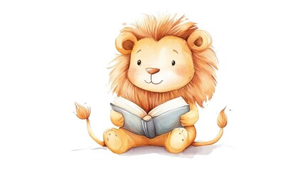 Canvas Print - Adorable, clever watercolor Lion reading a book, character illustration isolated on a white background