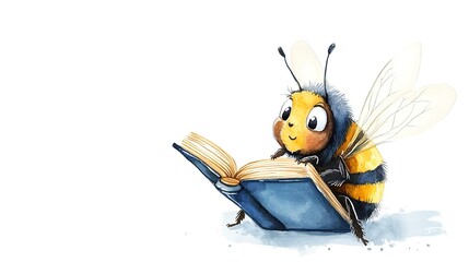 Wall Mural - Adorable, clever watercolor Bee reading a book, character illustration isolated on a white background