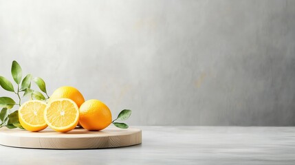 Fresh oranges on a wooden board with green leaves, creating a vibrant and healthy kitchen aesthetic.