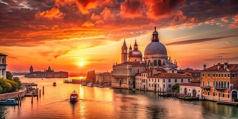 Venetian Red sunset over serene landscape, soft warm light, subtle shadows, peaceful atmosphere, natural beauty, ethereal mood