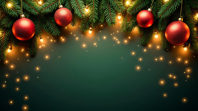 Square banner with gold and red Christmas symbols, tree, balls, golden on green background.