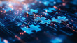 © Maksym - Digital puzzle pieces interlocking seamlessly, glowing against a futuristic blue abstract background, symbolizing the concept of API integration and seamless connectivity