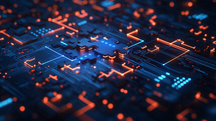 Interlocking digital puzzle pieces hovering over a dynamic, tech-inspired backdrop with glowing circuits, illustrating the concept of API interoperability