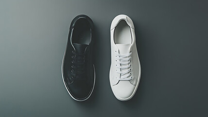 A pair of black and white sneakers placed side by side on a neutral grey background, with strong lighting creating deep shadows and emphasizing the contrast between the two colors.