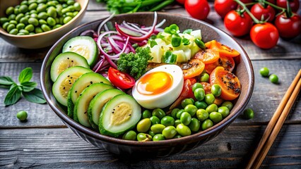 Healthy vegetarian lunch bowl with marinated egg, edamame beans, and fresh veggies, vegetarian, lunch, bowl, marinated egg, edamame