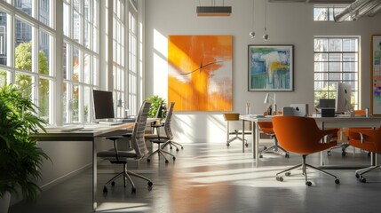 Modern Office Interior with Large Windows and Orange Art