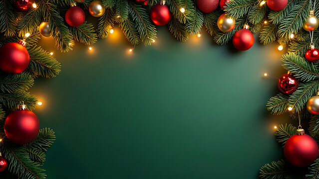 Square banner with gold and red Christmas symbols, tree, balls, golden on green background.