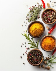 Assortment of spices in bowls on white background. Spicy cooking concept.