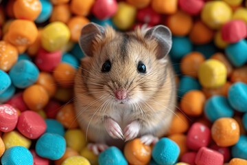 Sticker - A Curious Hamster Surrounded by Colorful Balls