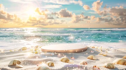 5. Realistic 3D summer beach backdrop with a podium, featuring sparkling ocean waters, golden sand, and scattered seashells, all under a warm and sunny sky