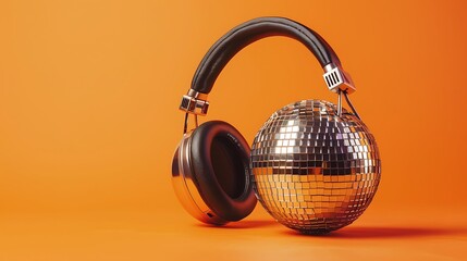 Headphones and a disco ball on an orange background