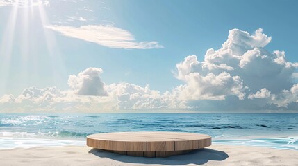Wall Mural - 1. a 3d wooden podium set on a pristine beach with golden sand, surrounded by a clear blue sea and a