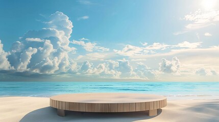 Wall Mural - 1. a 3d wooden podium set on a pristine beach with golden sand, surrounded by a clear blue sea and a