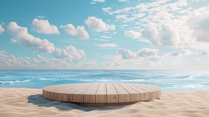 Wall Mural - 1. a 3d wooden podium set on a pristine beach with golden sand, surrounded by a clear blue sea and a