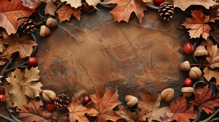 Wall Mural - Frame of autumn leaves in oak and acorns	

