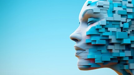 Poster - A woman's face is made of blocks of blue and white. The blocks are arranged in a way that creates a sense of depth and dimension. The image conveys a feeling of creativity and imagination