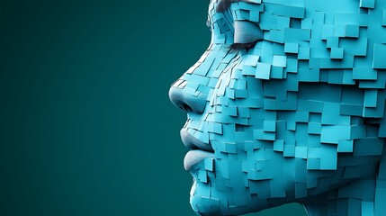 Poster - A woman's face is made up of blue blocks. Concept of technology and artificiality, as the face is not a realistic representation of a human