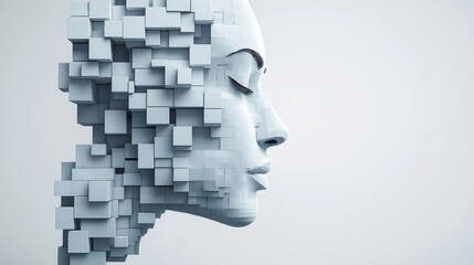 Poster - A woman's face is made of blocks, giving it a futuristic and abstract appearance. The blocks are arranged in a way that creates a sense of depth and dimension