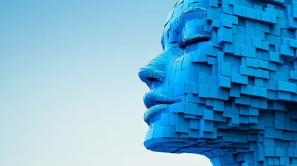 Poster - A blue face made of blocks is shown against a blue sky. The face is calm and peaceful, with a serene expression. The blue blocks give the impression of a futuristic, technological creation