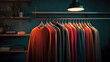 © Daniel - A rack of clothes with a light on it and a lamp above it. Fashion background with clothes, no people. Minimalism, style, fashion. Background for websites. 
