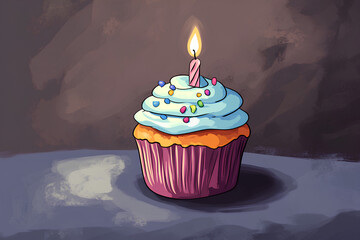 Wall Mural - birthday cupcake with one candle, cartoon style, manga, comic style, vector