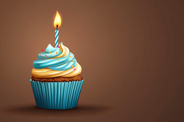 Wall Mural - birthday cupcake with one candle, cartoon style, manga, comic style, vector