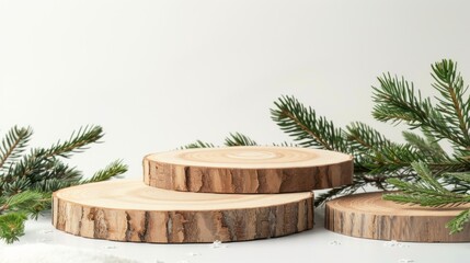 Fototapete - A trio of wooden slices forms a rustic podium, accompanied by lush green spruce branches, creating a serene and natural atmosphere perfect for displays or decor