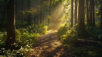 Wall Mural - Hiking along calm and beautiful paths in the middle of a beautiful woods