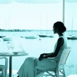 © GoodandEvil - Woman in dress sitting in chic cafe by the marina.