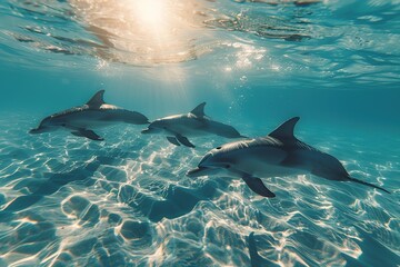 Wall Mural - Dolphins swimming in the turquoise ocean