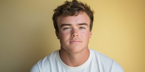 A studio close-up portrait of a young white man wearing a casual t-shirt, with a colourful background.