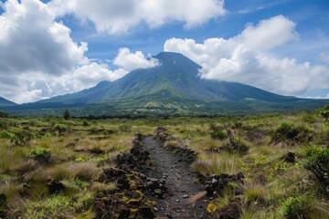 A vibrant volcanic landscape with lush greenery and a towering mountain under a bright blue sky with scattered clouds