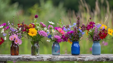 3. bouquets of colorful wildflowers in small vases, capturing the gentle beauty of country meadows. 