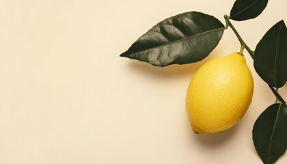 Poster - Lemon with Leaves on Light Background.